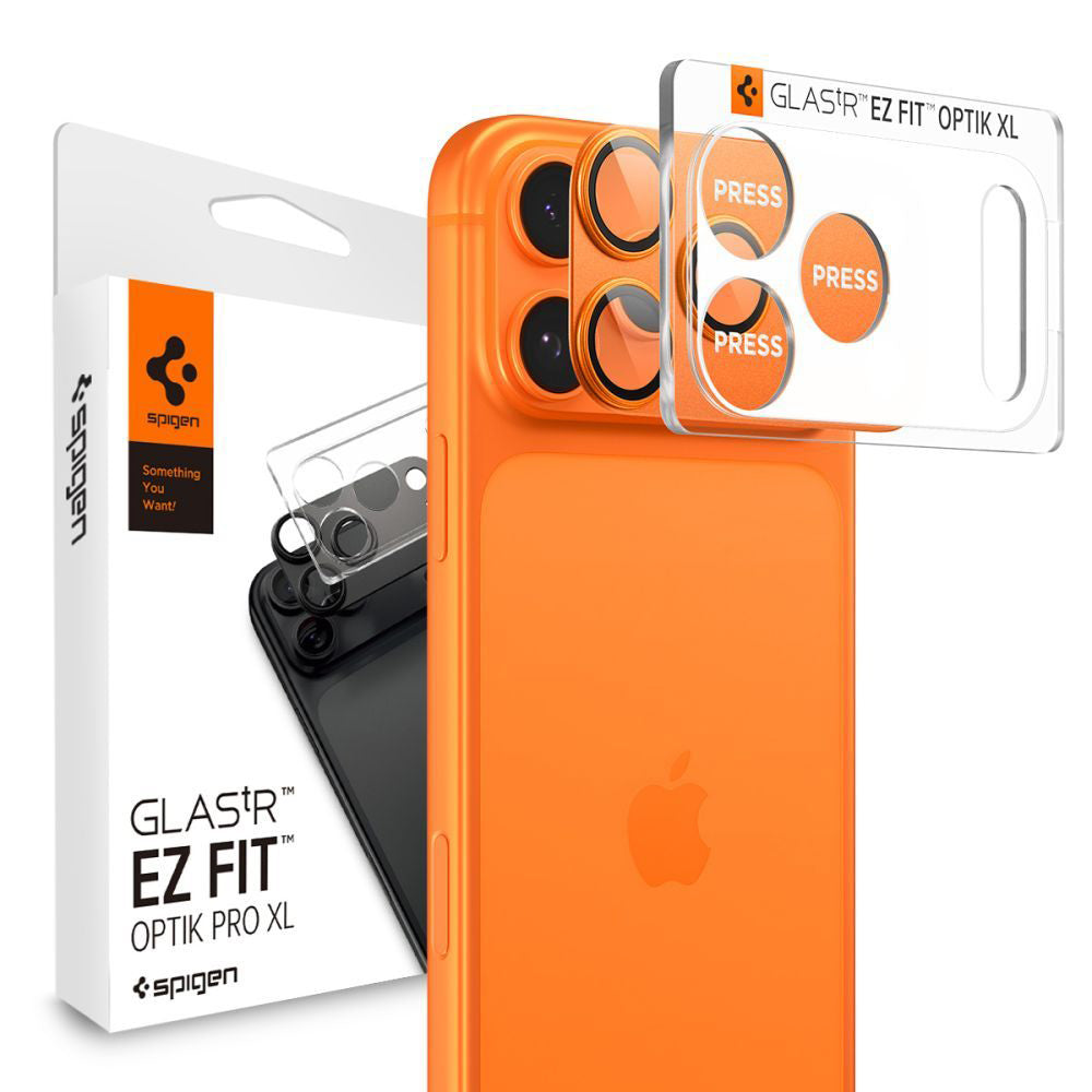 Película Protetora de Câmera Traseira Spigen GlastR EZ FIT Optik Pro para Apple iPhone 17 Pro Max, Vidro Temperado, Conjunto de 2 Peças, Laranja