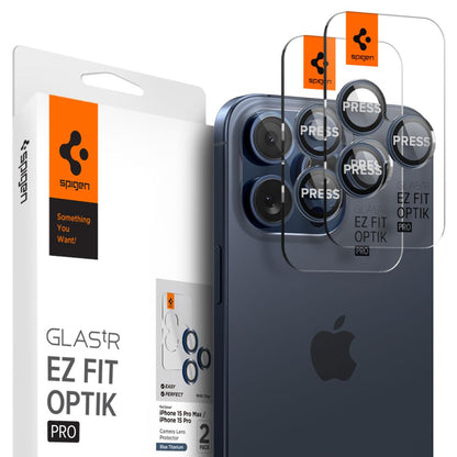 Película Protetora de Câmera Traseira Spigen GlastR EZ FIT Optik Pro para Apple iPhone 16 Pro Max / 16 Pro, Vidro Temperado, Conjunto de 2 Peças, Azul.