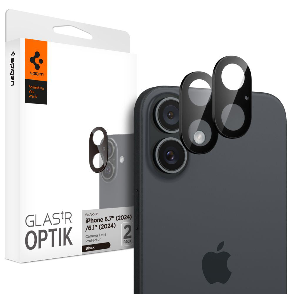 Película Protetora de Câmera Traseira Spigen GlastR Optik para Apple iPhone 16 Plus / 16, Vidro Temperado, Conjunto de 2 Peças, Preta AGL07922