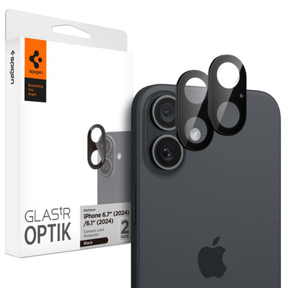 Película Protetora de Câmera Traseira Spigen GlastR Optik para Apple iPhone 16 Plus / 16, Vidro Temperado, Conjunto de 2 Peças, Preta AGL07922
