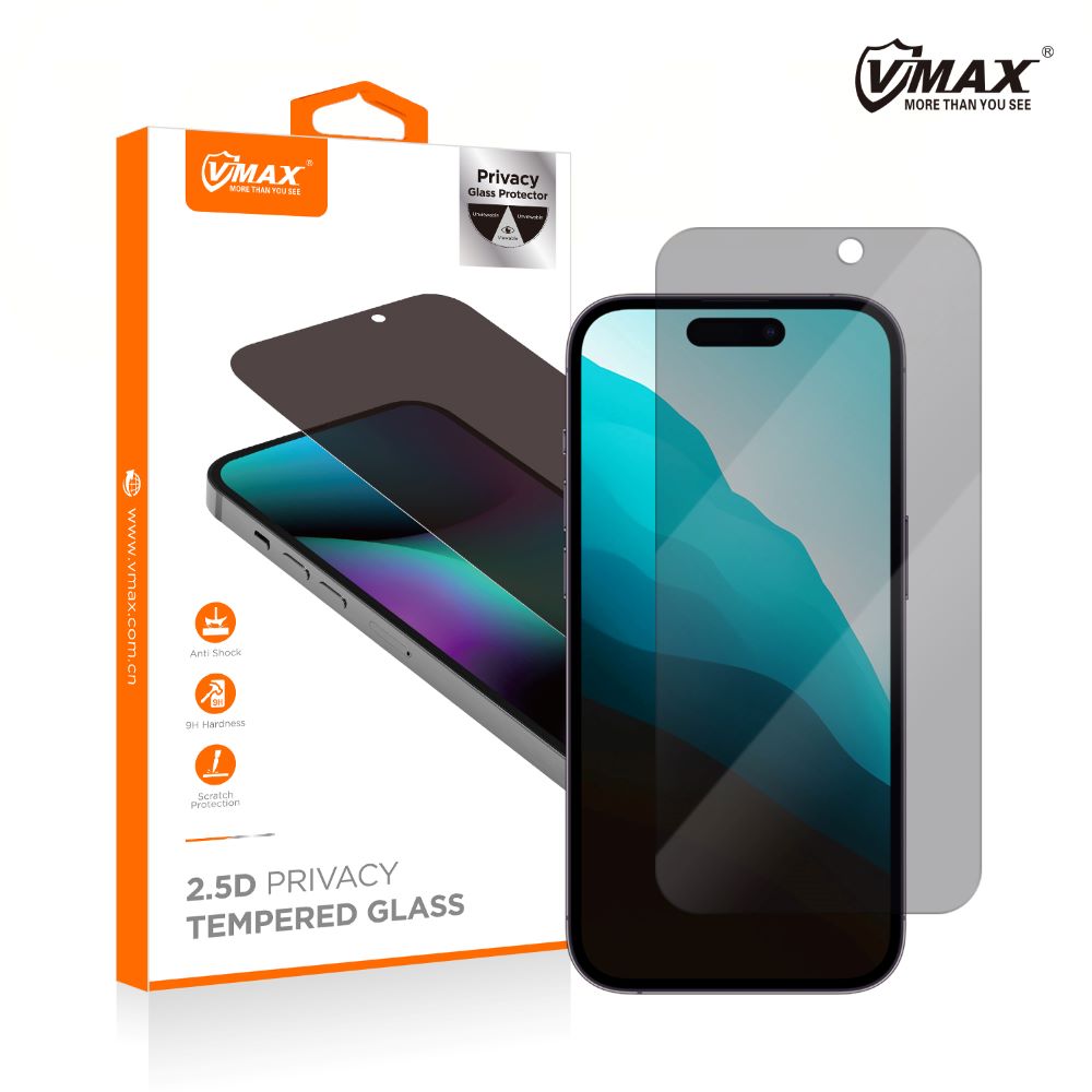 Protetor de ecrã Privacy Vmax para Apple iPhone 16 Pro, vidro de proteção, cola total, 2,5D 