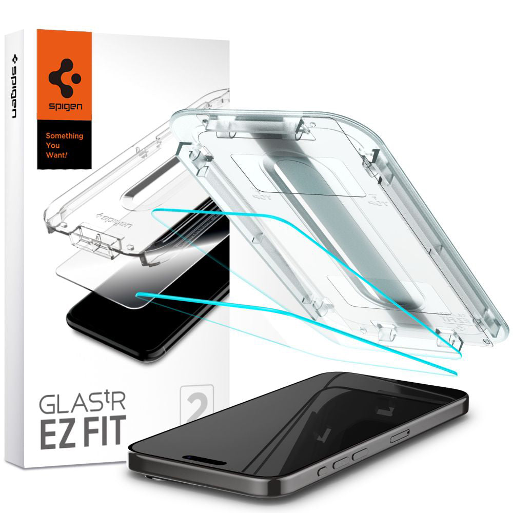 Película Protetora de Ecrã Spigen GlastR EZ FIT para Apple iPhone 15 Pro Max, Vidro Temperado, Colagem Total, Conjunto de 2 peças AGL06872