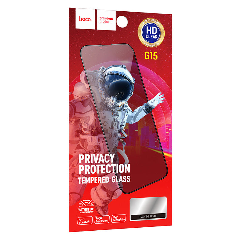 Película de Proteção de Ecrã Privacy HOCO G15 para Apple iPhone 16 / 15, Vidro Temperado, Full Glue, 5D