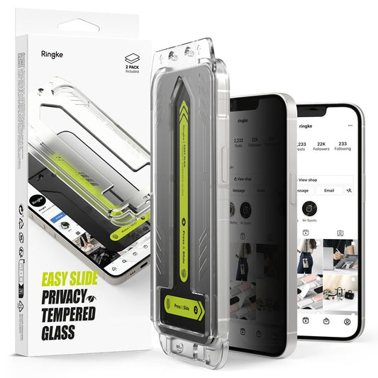 Película de Proteção de Ecrã Privacy Ringke Easy Slide para Apple iPhone 16e / 14 / 13 Pro / 13, Vidro Temperado, Colagem Total, Conjunto de 2 Peças