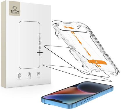 Película Protetora de Ecrã Tech-Protect Quick Set+ para Apple iPhone 17e / 16e / 14 / 13 Pro, Vidro Temperado, Colagem Total, Conjunto de 2 peças, Preta