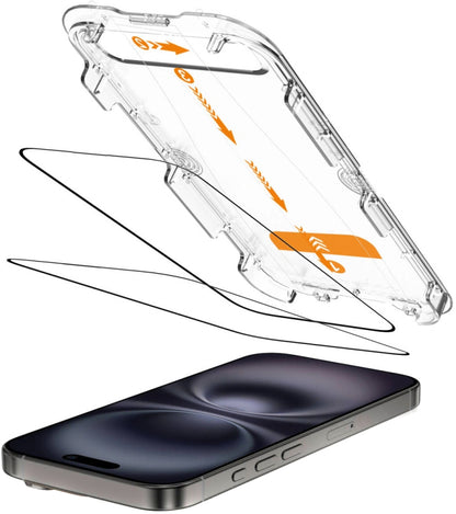 Película Protetora de Ecrã Tech-Protect Quick Set+ para Apple iPhone 16 / 15, Vidro Temperado, Colagem Total, Conjunto de 2 peças, Preta