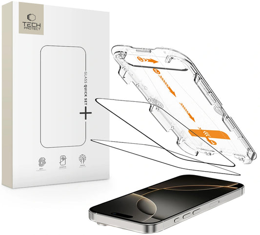 Película Protetora de Ecrã Tech-Protect Quick Set+ para Apple iPhone 16 Pro, Vidro Temperado, Colagem Completa, Conjunto de 2 peças, Preta