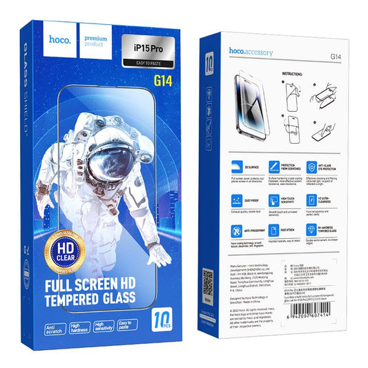 Película Protetora de Ecrã HOCO G14 para Apple iPhone 15 Pro, Vidro Temperado, Colagem Total, Conjunto de 10 peças, 5D, Preta