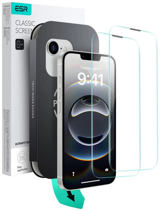 Película Protetora de Ecrã ESR Ultrafit para Apple iPhone 17e / 16e / 14 / 13 Pro, Vidro Temperado, Colagem Total, Conjunto de 2 Peças