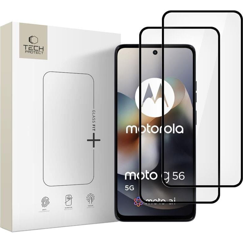 Película Protetora de Ecrã Tech-Protect FIT+ para Motorola Moto G56, Vidro Temperado, Colagem Total, Conjunto de 2 peças, 2.5D, Preta