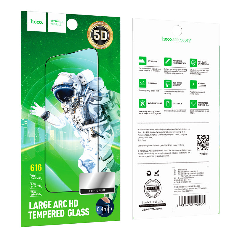 Película Protetora de Ecrã HOCO G16 para Apple iPhone 15 Pro, Vidro Temperado, Full Glue, 5D, Preta