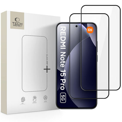 Película Protetora de Ecrã Tech-Protect FIT+ para Xiaomi Redmi Note 15 Pro 5G, Vidro Temperado, Full Glue, Conjunto de 2 peças, 2.5D, Preta