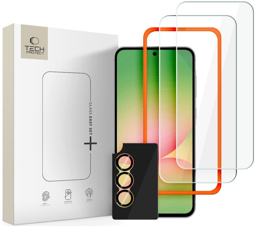Película Protetora de Ecrã e Câmara Traseira Tech-Protect Quick Set+ para Samsung Galaxy A57 5G, Vidro Temperado, Colagem Completa, Conjunto de 3 peças