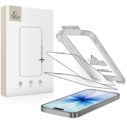 Película Protetora de Ecrã Tech-Protect Quick Set+ para Apple iPhone 17, Vidro Temperado, Colagem Total, Conjunto de 2 peças, Preta