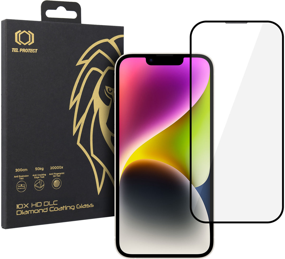Película de proteção de ecrã Tel Protect 10X HD DLC Diamond Coating para Apple iPhone 17e / 16e / 14 / 13 Pro / 13, Vidro Temperado, Full Glue, Preta