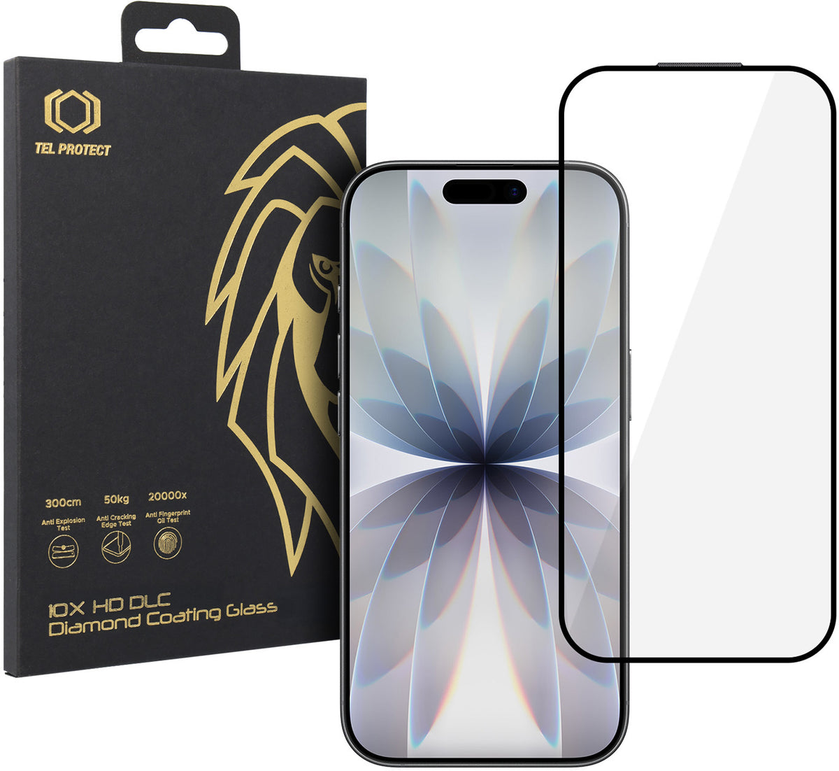 Película de proteção de ecrã Tel Protect 10X HD DLC Diamond Coating para Apple iPhone 17 / 16 Pro, Vidro Temperado, Full Glue, Preta