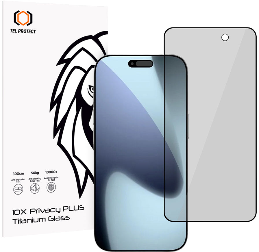 Película de Proteção de Ecrã Privacy Tel Protect 10X Plus Titanium para Apple iPhone 17 Pro, Vidro Temperado, Full Glue