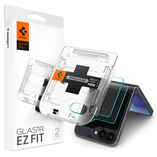 Protetor de ecrã Spigen EZ FIT para Samsung Galaxy Z Flip6 F741, Vidro blindado, Cola total, Conjunto 2 peças, 2.5D, 2.5D, Ecrã exterior AGL07972