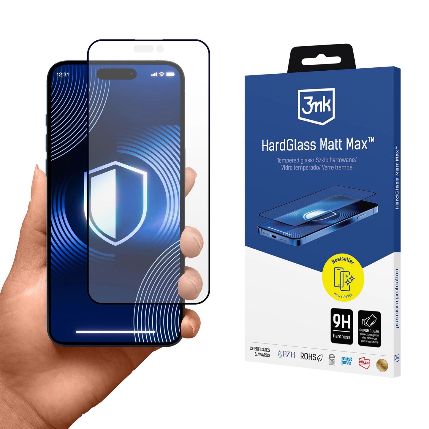 3MK HardGlass Matt Matt Max Protetor de ecrã para Apple iPhone 16 Pro, proteção de vidro, cola total, preto 