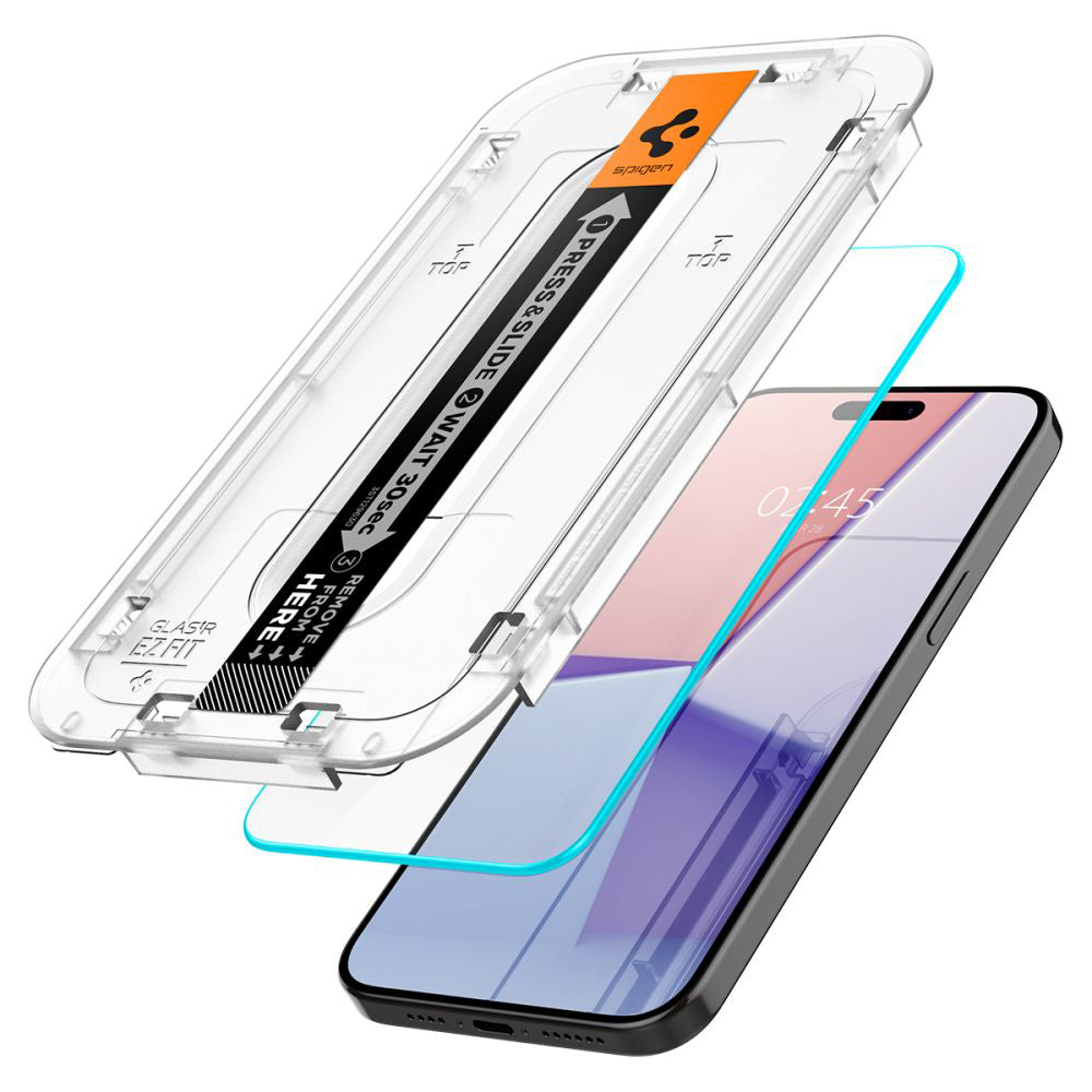 Película Protetora de Ecrã Spigen GlastR EZ FIT para Apple iPhone 15 Pro Max, Vidro Temperado, Colagem Total, Conjunto de 2 peças AGL06872