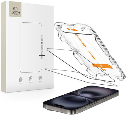 Película Protetora de Ecrã Tech-Protect Quick Set+ para Apple iPhone 16 / 15, Vidro Temperado, Colagem Total, Conjunto de 2 peças, Preta