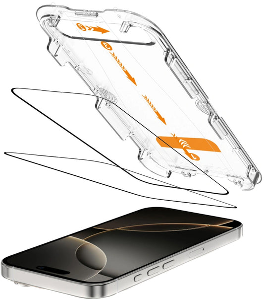 Película Protetora de Ecrã Tech-Protect Quick Set+ para Apple iPhone 16 Pro, Vidro Temperado, Colagem Completa, Conjunto de 2 peças, Preta
