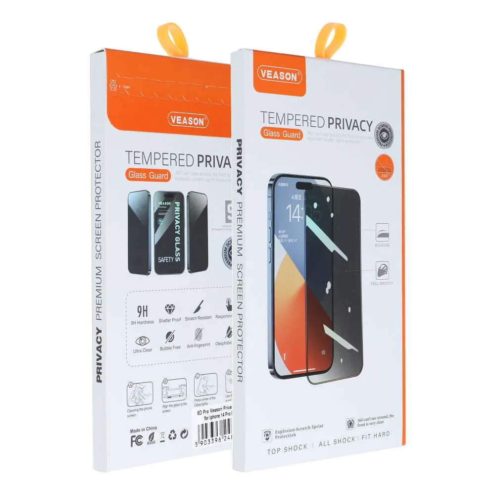 Película de proteção de ecrã Privacy Veason para Apple iPhone 17 Pro Max, Vidro Temperado, Cola Total, 6D