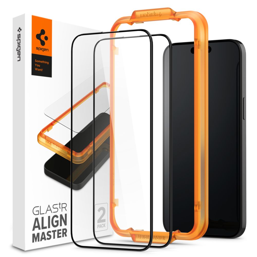 Protetor de ecrã Spigen Align Master para Apple iPhone 15 Pro, vidro de proteção, cola total, conjunto 2 peças, 2.5D, preto