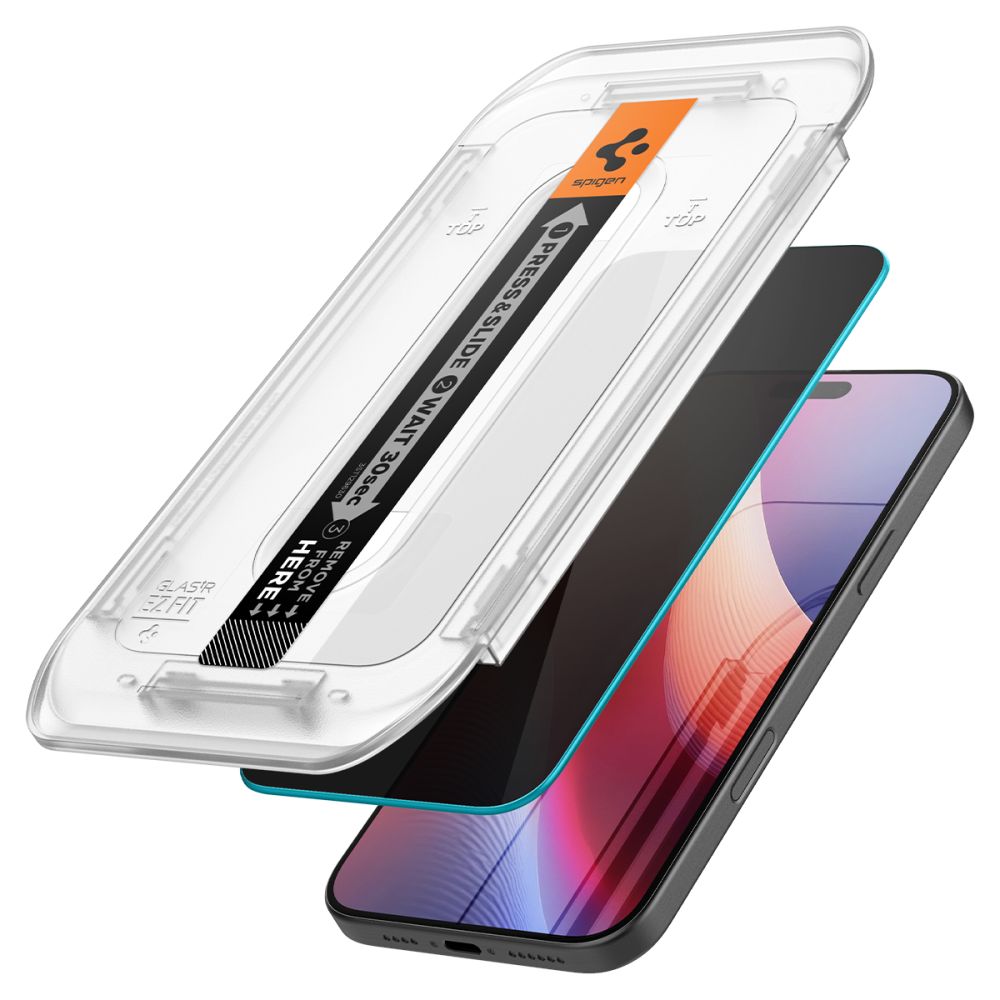 Película de Proteção de Ecrã Privacy Spigen GlastR EZ FIT para Apple iPhone 17 Pro / 17 / 16 Pro, Vidro Temperado, Colagem Total, Conjunto de 2 peças AGL07929