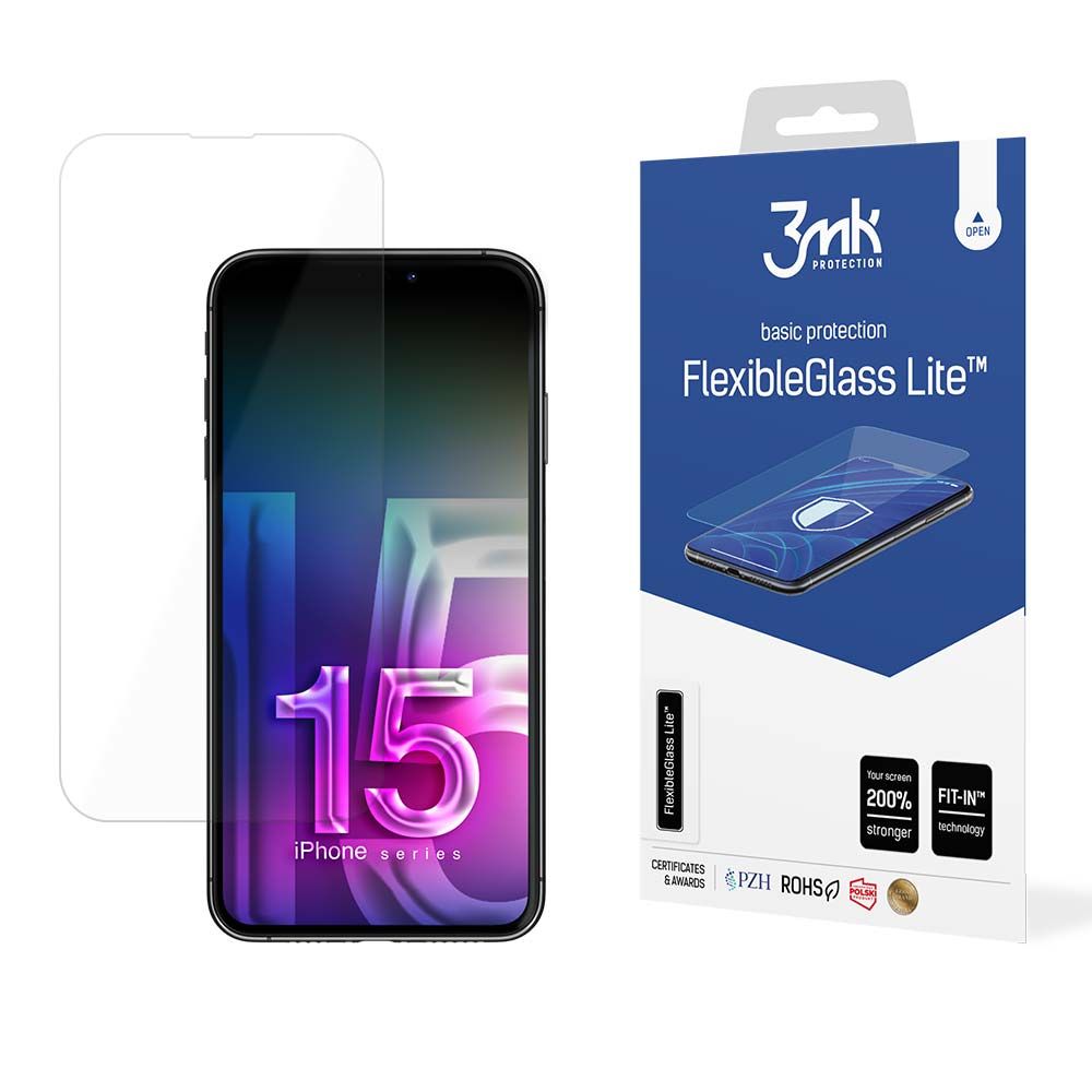 Película protetora de ecrã 3MK FlexibleGlass Lite para Apple iPhone 15, Vidro Flexível, Cola Total