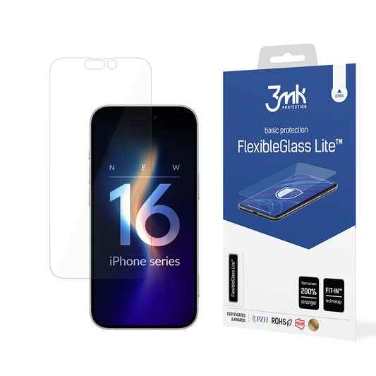 Película protetora de ecrã 3MK FlexibleGlass Lite para Apple iPhone 16 Pro, Vidro Flexível, Cola Total