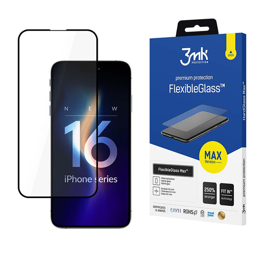Película protetora de ecrã 3MK FlexibleGlass Max para Apple iPhone 16 Pro, Vidro Flexível, Cola Total, Preto