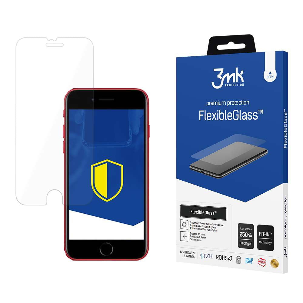 Película protetora de ecrã 3MK FlexibleGlass para Apple iPhone SE (2022) / SE (2020) / 8 / 7, Vidro Flexível, Cola Total