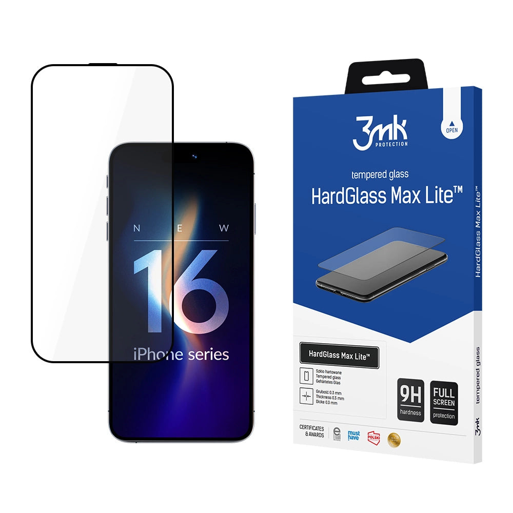 Película Protetora de Ecrã 3MK HardGlass Max Lite para Apple iPhone 17 / 16 Pro, Vidro Temperado, Full Glue, Preta
