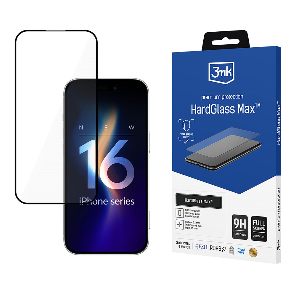 Película protetora de ecrã 3MK HardGlass Max para Apple iPhone 16 Pro, Vidro Temperado, Cola Total, Preta