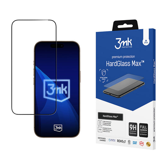 Película Protetora de Ecrã 3MK HardGlass Max para Apple iPhone 17 Pro Max, Vidro Temperado, Full Glue, Preta