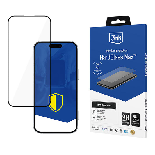 Película Protetora de Ecrã 3MK HardGlass Max para Apple iPhone 17 Pro, Vidro Temperado, Full Glue, Preta