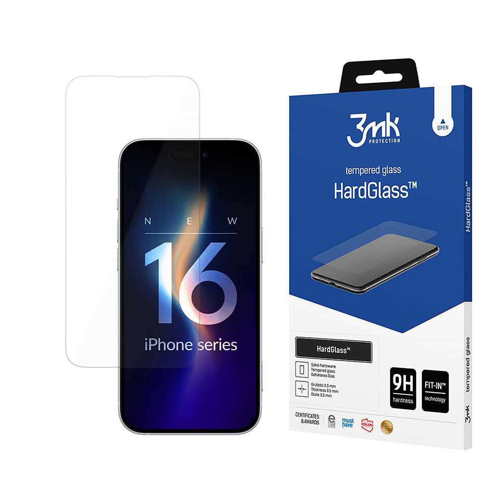 Película protetora de ecrã 3MK HardGlass para Apple iPhone 16, Vidro Temperado, Cola Total