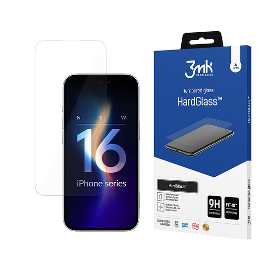 Película protetora de ecrã 3MK HardGlass para Apple iPhone 16, Vidro Temperado, Cola Total