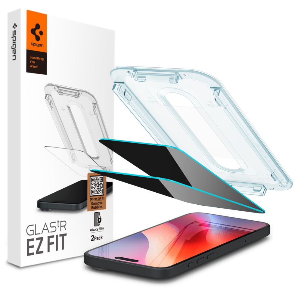 Película de Proteção de Ecrã Privacy Spigen GlastR EZ FIT para Apple iPhone 17 Pro / 17 / 16 Pro, Vidro Temperado, Colagem Total, Conjunto de 2 peças AGL07929