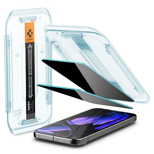 Película protetora de ecrã Privacy Spigen GlastR EZ FIT para Google Pixel 9 / 9 Pro, Vidro Temperado, Cola Total, Conjunto de 2 unidades