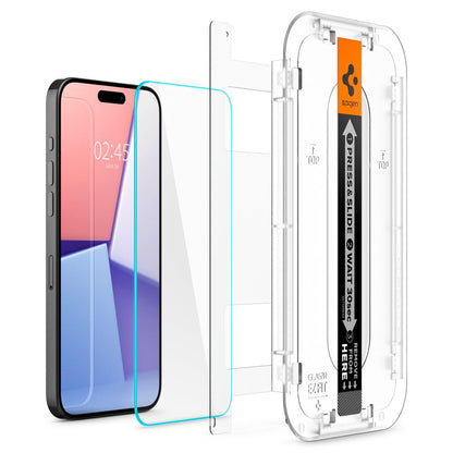 Película Protetora de Ecrã Spigen GlastR EZ FIT para Apple iPhone 15 Pro Max, Vidro Temperado, Colagem Total, Conjunto de 2 peças AGL06872
