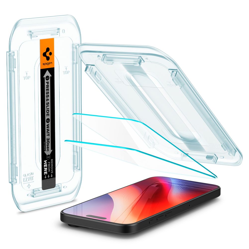 Película Protetora de Ecrã Spigen GlastR EZ FIT para Apple iPhone 17 Pro / 17 / 16 Pro, Vidro Temperado, Colagem Total, Conjunto de 2 Peças