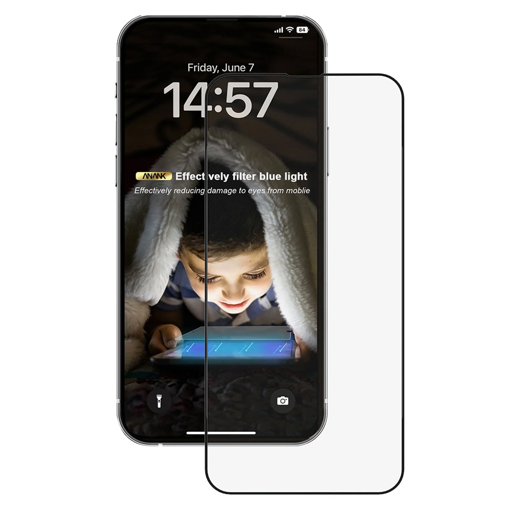 Película protetora de ecrã Anti Luz Azul Anank 3X Reforçada para Apple iPhone 16, Vidro Temperado, Cola Total, 2.5D, Preta