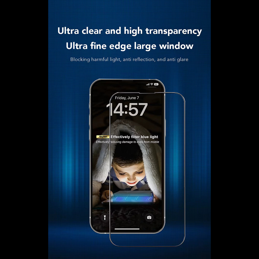Película protetora de ecrã Anti Luz Azul Anank 3X Reforçada para Apple iPhone 16, Vidro Temperado, Cola Total, 2.5D, Preta
