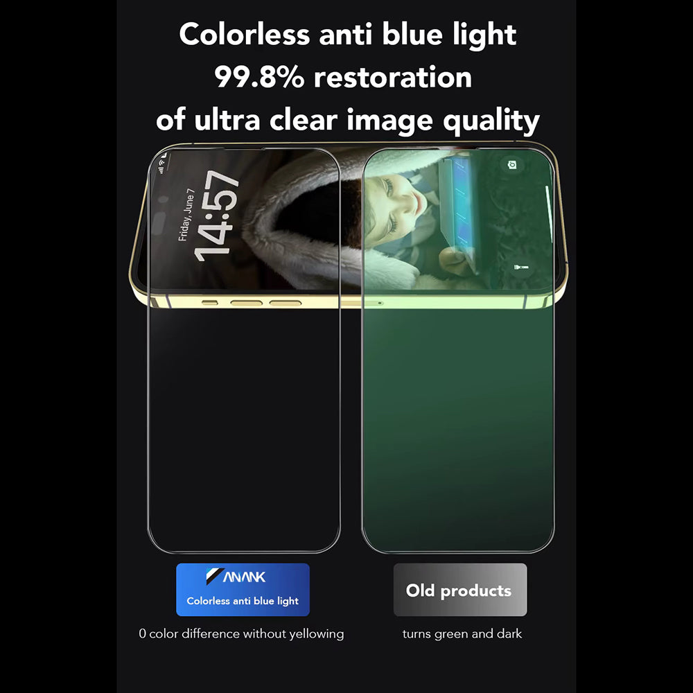 Película protetora de ecrã Anti Luz Azul Anank 3X Reforçada para Apple iPhone 16, Vidro Temperado, Cola Total, 2.5D, Preta