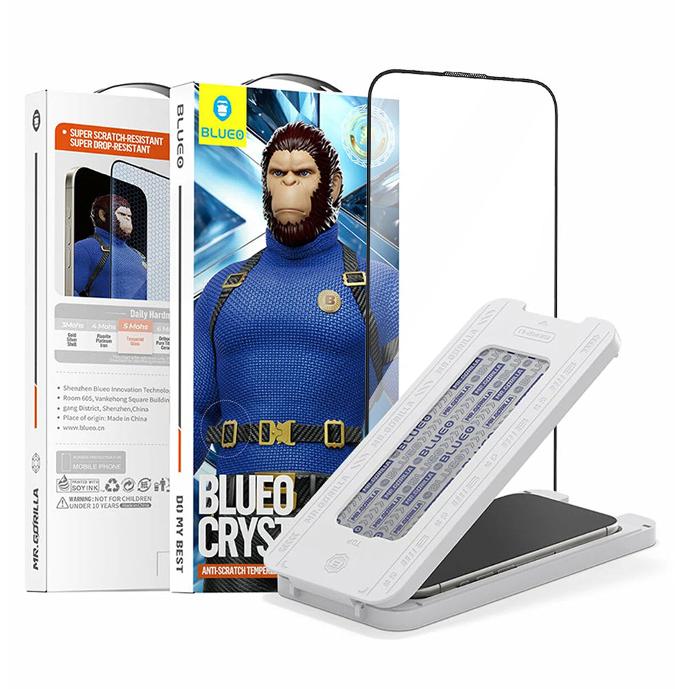 Película Protetora de Ecrã Blueo Crystal Anti-Riscos Aplicador para Apple iPhone 17 Pro / 17 / 16 Pro, Vidro Temperado, Cola Completa, Preta