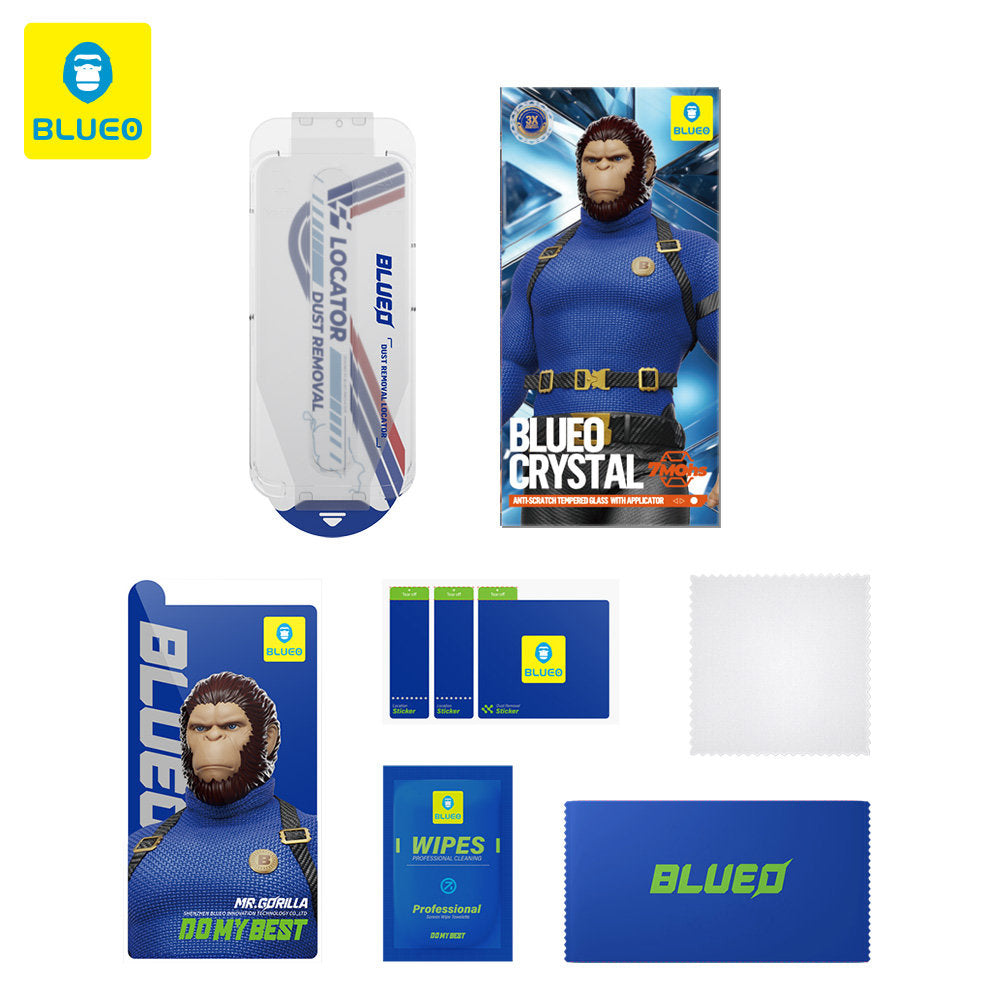 Película Protetora de Ecrã Blueo Crystal Anti-Riscos Aplicador para Apple iPhone 17 Pro / 17 / 16 Pro, Vidro Temperado, Cola Completa, Preta