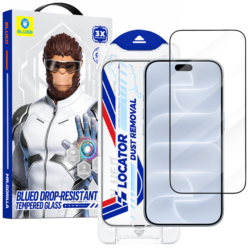 Película de Proteção de Ecrã Blueo Drop Resistant Applicator Pro para Apple iPhone 18 Pro / 17 Pro / 17 / 16 Pro, Vidro Temperado, Full Glue, Preta
