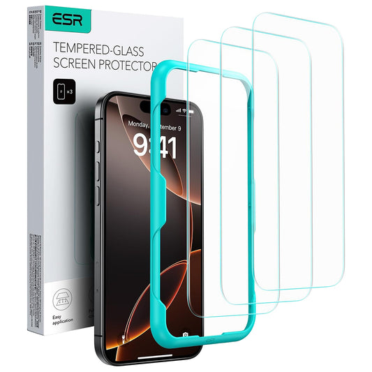 Película Protetora de Ecrã ESR para Apple iPhone 17 / 16 Pro, Vidro Temperado, Full Glue, Conjunto de 3 peças